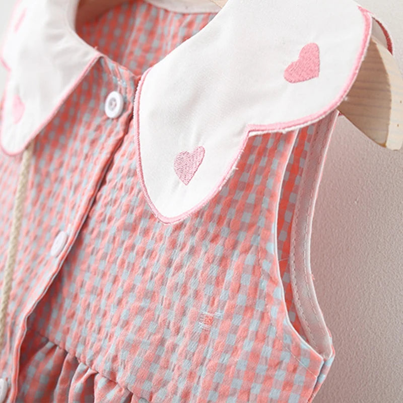 2Pcs/Set Toddler Girl Plaid Dresses Love Lapel Sleeveless Cotton Baby Children Clothes Summer Kids Costume 0 To 3 Years + Bag