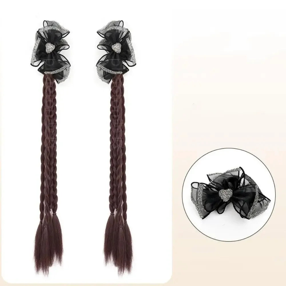 Y2K Girls Bowknot Twisted Braided Synthetic Wig Simulation Double Ponytail Women Extensions