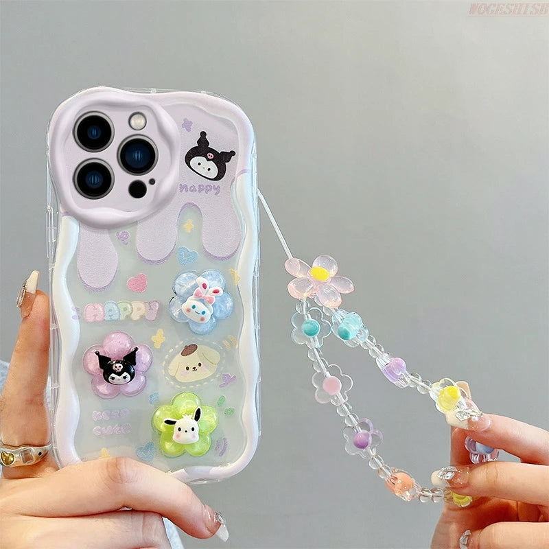 Kuromi Rabbit Phone Case For Samsung Galaxy A10S A71 A72 A73 F04 F12 F54 M04 M12 M22 M32 M54 5G Flowers Wrist Strap Curly Cover