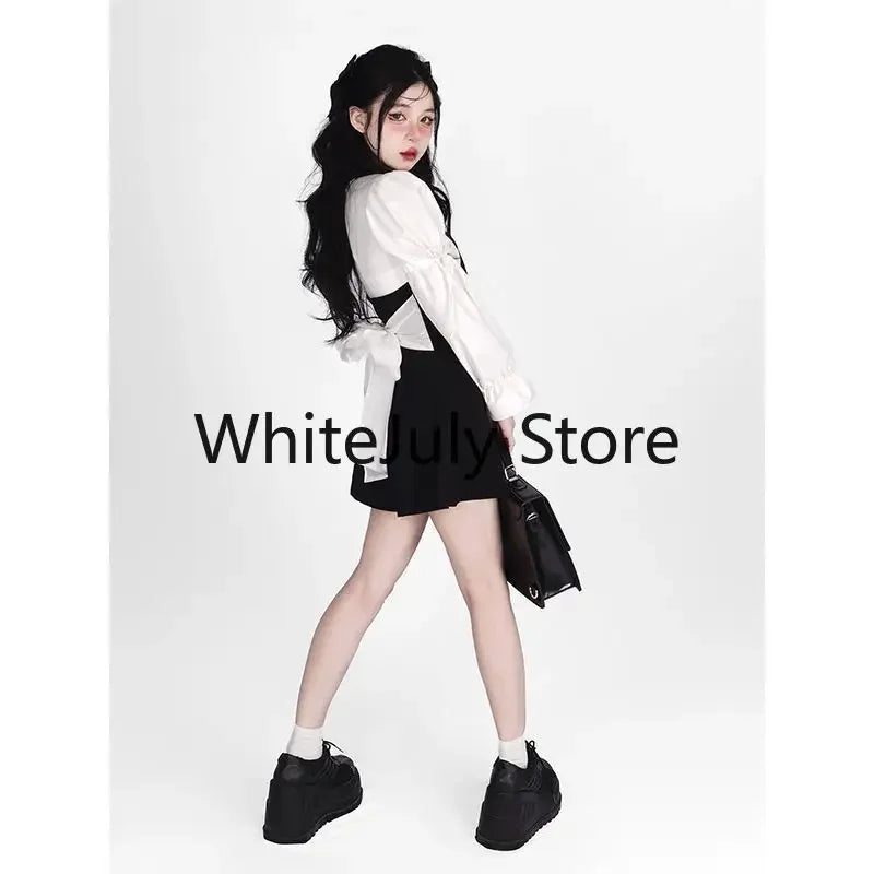 2024 Summer Sweet Two Piece Set for Women Long Sleeve White Shirts + Y2k Mini Dress Female Kawaii Clothing Korean Fashion Suits