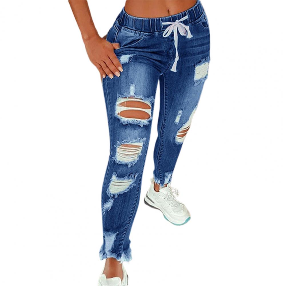 Womens Stretch Skinny Ripped Hole Washed Denim mom Jeans Female Slim Jeggings High Waist Pencil Pants Trousers