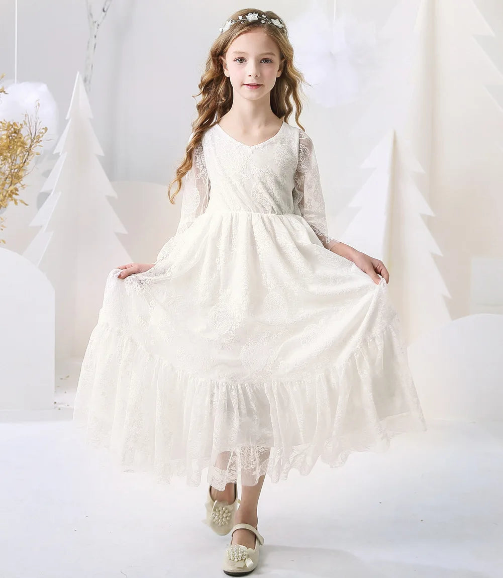 Princess Girls Lace Chiffon Long Dresses Kids Flower Girl Wedding Dress Summer Boho Birthday Party Wedding Dress For 2-14 Years