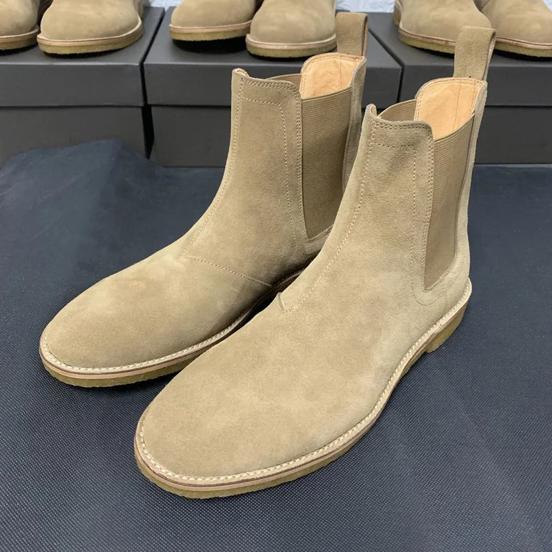 Brown Real Leather Elastic band Slip On Chelsea Boots Low Heels Men's Party Shoes Heel 3cm Wedding Botas