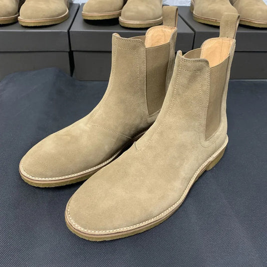 Brown Real Leather Elastic band Slip On Chelsea Boots Low Heels Men's Party Shoes Heel 3cm Wedding Botas