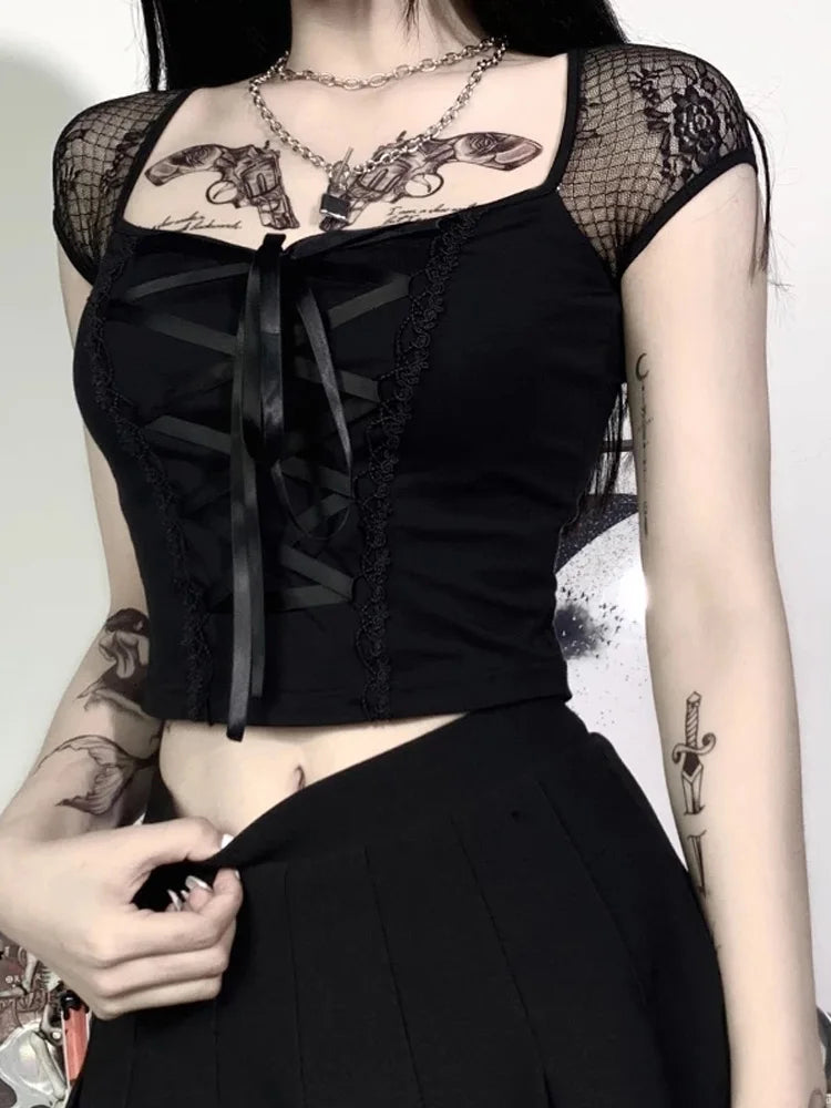 Vintage Tops Goth T-shirt Women Bodycon Bandage Lace Black T-shirts Gothic Streetwear Sexy Female Top Casual Mesh Tee