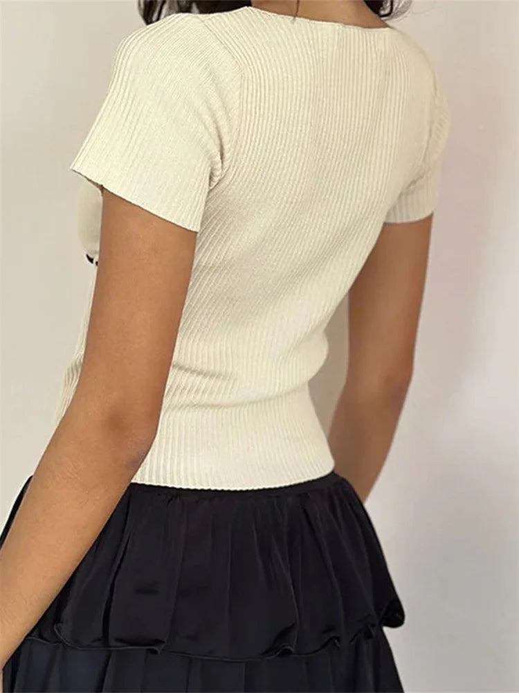 CHRONSTYLE Women Summer Crop Tees Shirts Tops Short Sleeve Round Neck Patchwork Ribbed Slim Fit T-shirts Party Streetwear 2024