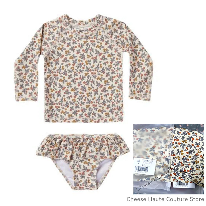 RC Baby Girls Swimwears 1-12y Kids Long Sleeve Sunscreen Floral Toddler Swimming Swimsuit Striped Bikini Suits 2022 Hot Clothes