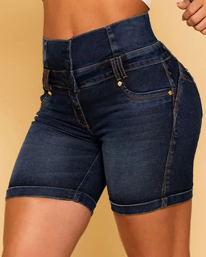 Women Denim Shorts Pants Fashion High Waist Hip Lift Zipper Stitching Tight Denim Shorts Sexy Pockets
