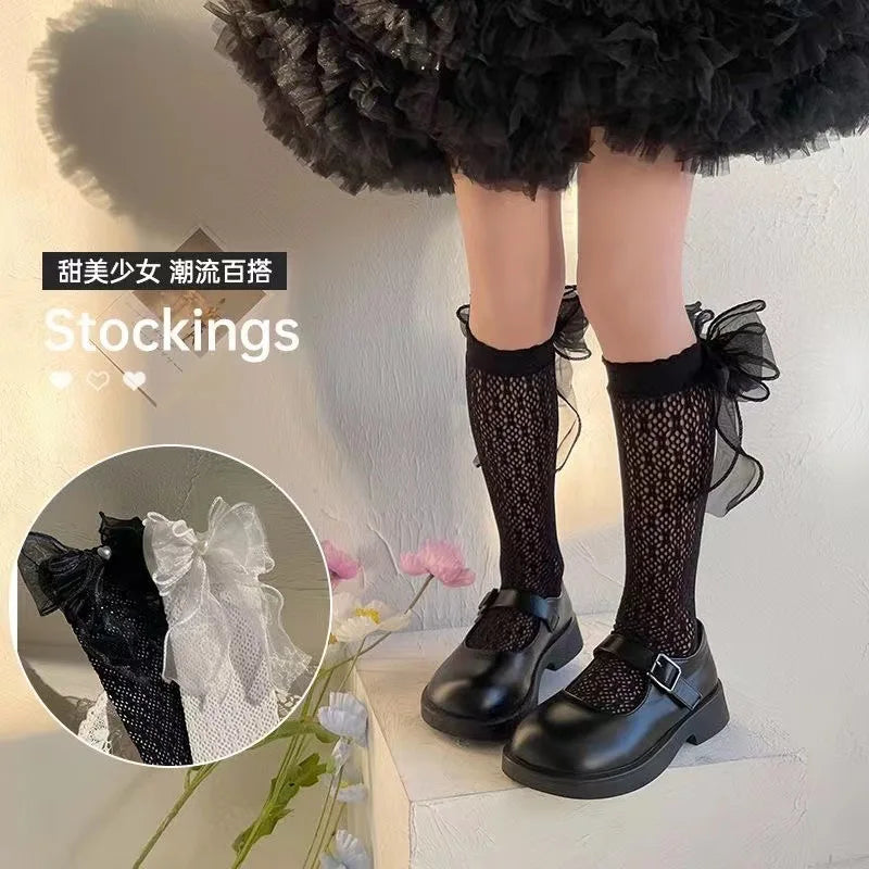 Summer Thin Lace Mesh JK Lolita Frilly Stockings Cute Mother Kids Ruffle White Black Knee High Long Socks for Girls Children