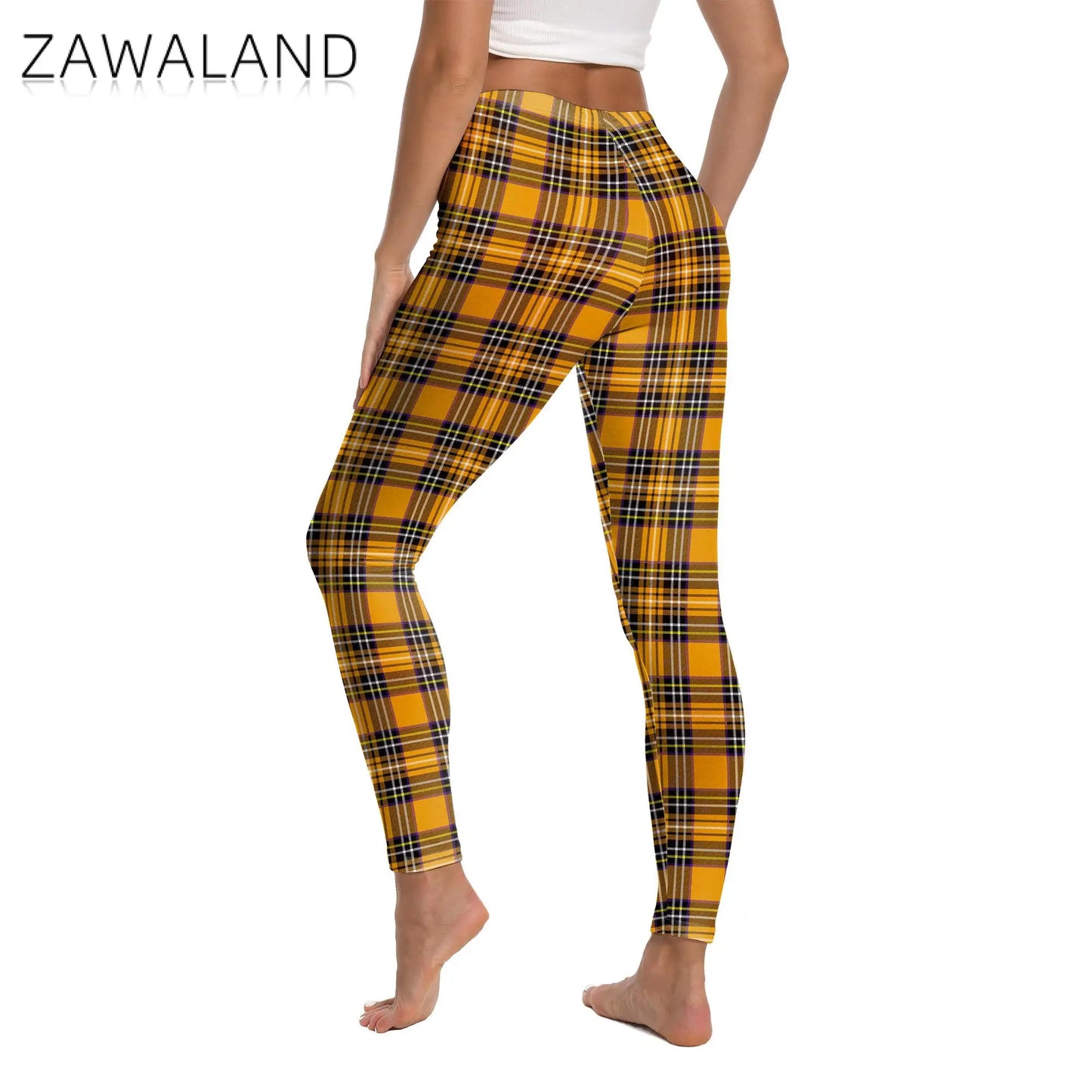 Zawaland Women Pants Yellow Tartan 3D Printing Leggings Halloween Stripe Trousers Female Elastic Tights Mid Waist Long Pants