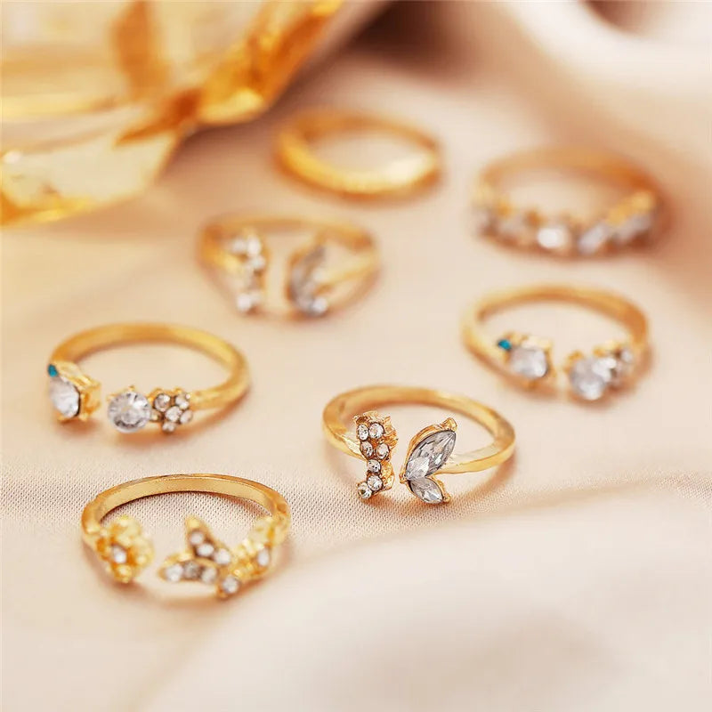 Modyle Bohemian Style New Ring Set Gold Color Love Butterfly Star Moon Set Crystal Wedding Rings for Women Girls Jewelry