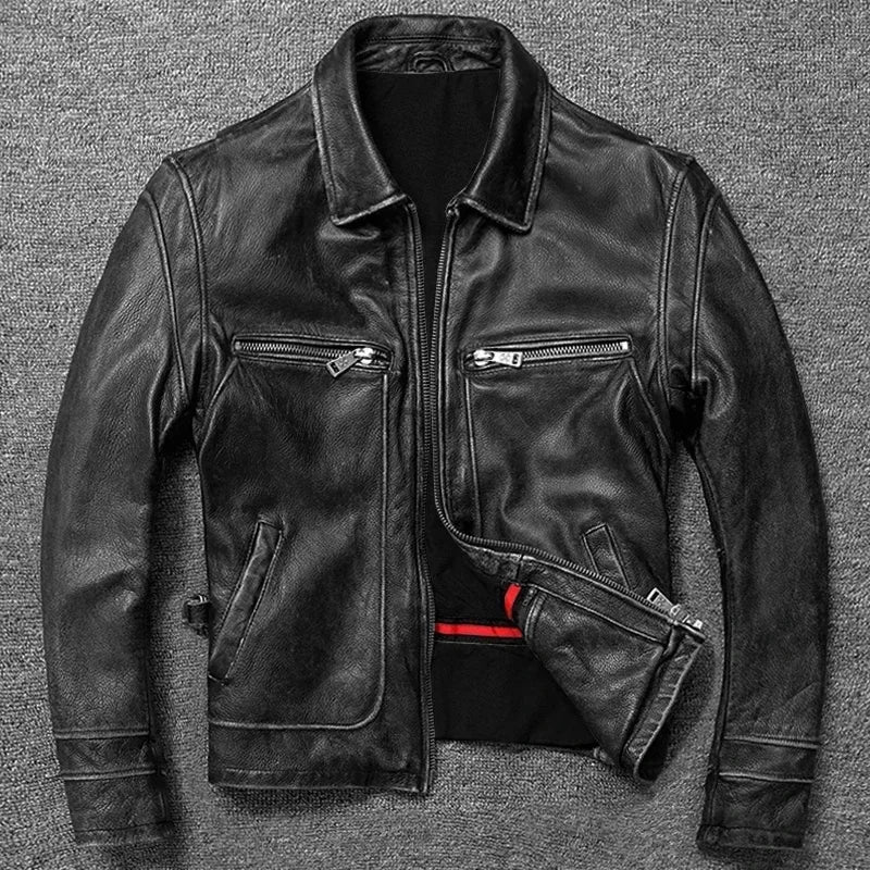 Classic Men Cowhide Coat Natural 's Genuine Leather Jacket Vintage Style Real Clothes Clothing Calf Skin