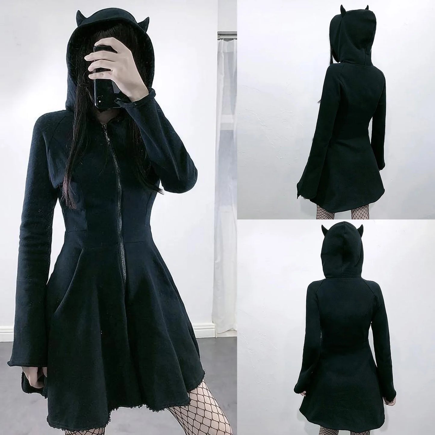 Gothic Hoodies Women Retro Harajuku Hip Hop Jacket Cat Ear Zip Up Long Sweat Dress Casual Loose Sweatshirt Clothes Y2k Tops