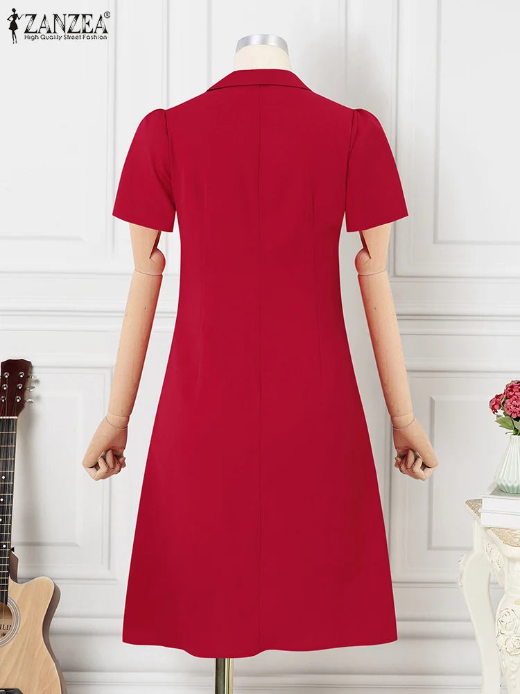 ZANZEA Women Elegant Long Shirt Dress Korean Lapel Collar Party Dress 2024 Summer Waisted Robe Casual Short Sleeve Work Sundress