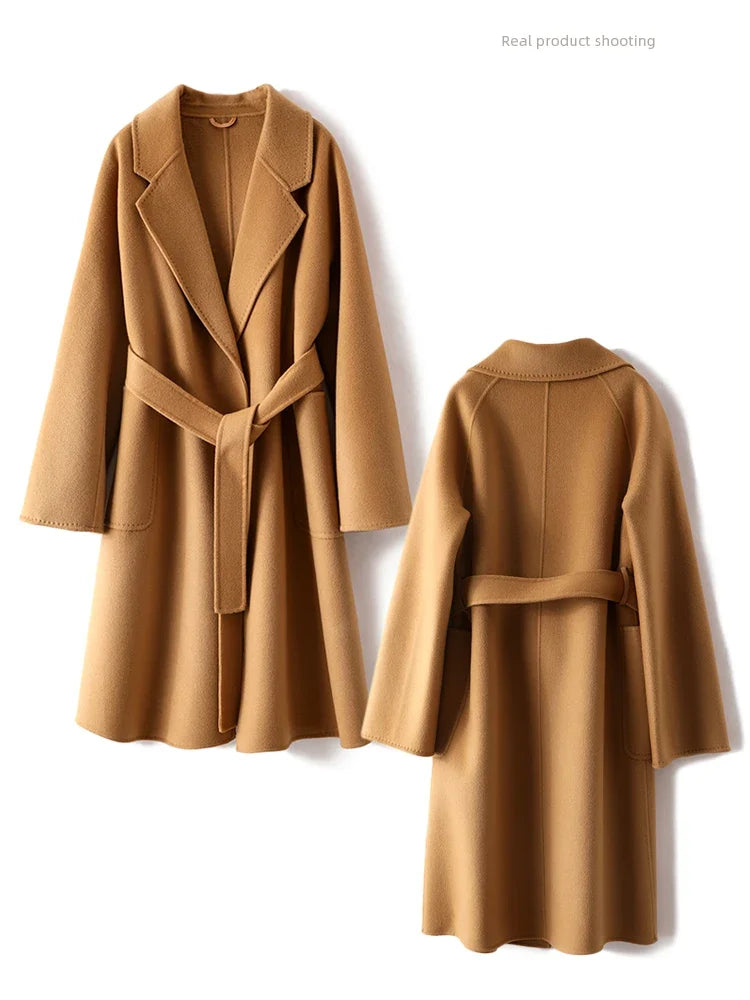 100% Real Wool Long Belt Warp Women Overcoat Classic Model Fall Winter Turn-down Collar Dense Fabric Narrow Notch Lapel Coat #08