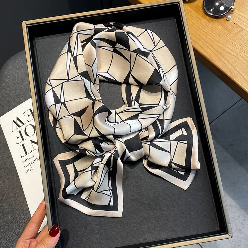 2024 New Luxury Design Ribbon Silk Scarf Plaid Headband Neckerchief Foulard Female Hair Scarfs Neck Ties Lady Skinny Scarves