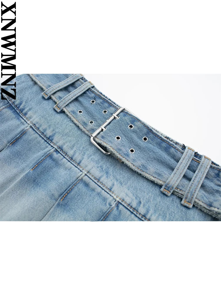 XNWMNZ Women's Fashion 2023 Denim Box Pleated Mini Skirt Women High Street High waist Zipper Versatile Female Chic Dresses
