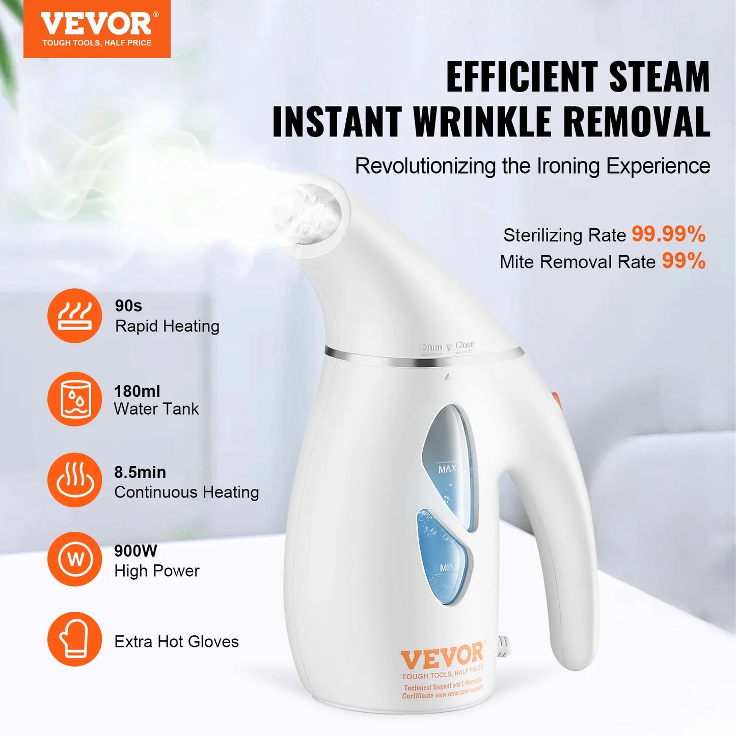 VEVOR Portable Handheld Fabric Steamer 900W Quick Heat Steamer for Clothes Wrinkle Remover Clothing Iron Garment Steam Cleaner