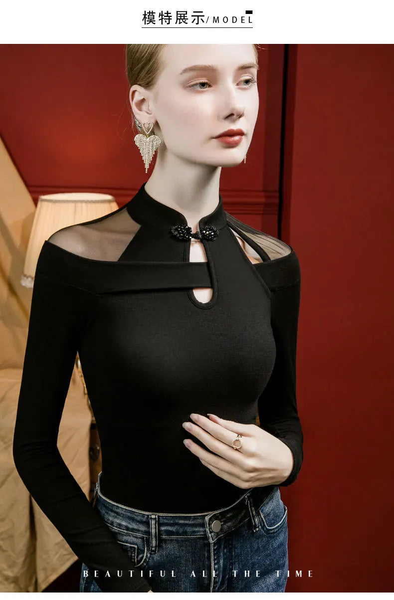 Vintage Irregular Mesh Long Sleeve T-Shirt, Show Collarbone Tops for Fall and Winter, Unique Qipao Base Shirt for Women