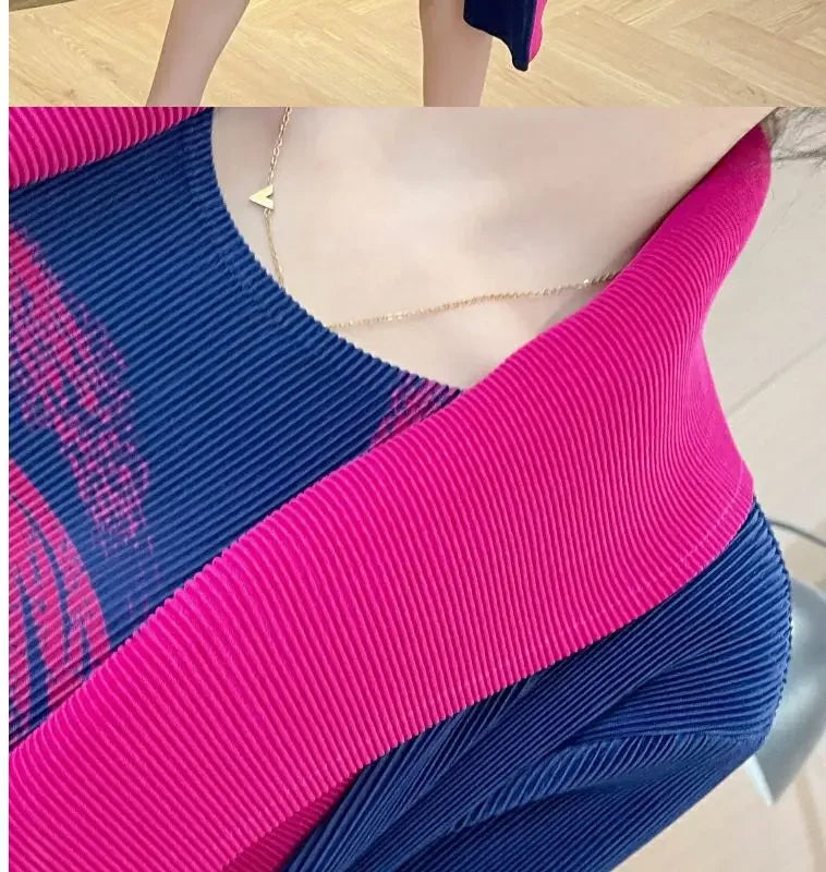 Folded Fake Two Piece Dress 2025 Spring Large Sleeves Round Neck Printed Mom's Dress  Y2k Dress