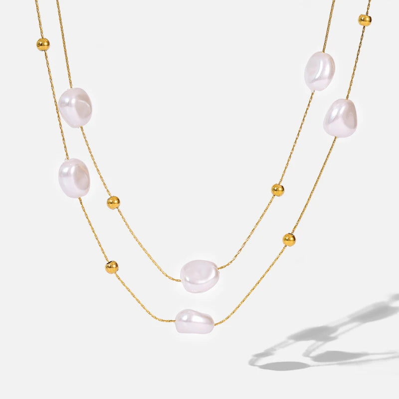 EILIECK 316L Stainless Steel Double Layer Irregular Pearl 2in1 Chains Necklace For Women Fashion Girls Clavicle Chain Jewelry
