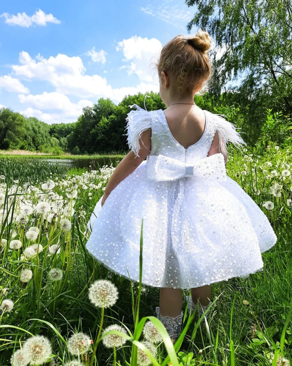 3-9 Years White Tulle Girl Dress Sequined Bows Children's First Communion Ball Gown Wedding Party Bridesmaid Dress Kids Princess