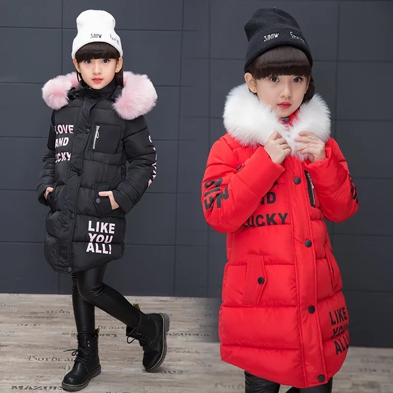 UNITIM 2024 Russian Winter Girls Cotton-padded Jacket Faux Fur Collar Long Kids Girl Parka 4-13 Years Teenagers Outerwear Coat