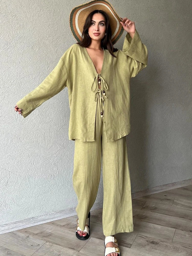 Fashion Cotton Linen Long Pants Set For Women Causal V Neck Beading Lace Up Shirts Solid Wide Leg Pant Suits Lady Street Outfits