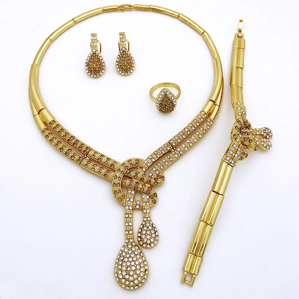 Dubai Gold Color Women Jewelry Sets Classic Design Necklace Earrings Charm Bracelet Ring  Banquet Party Jewelry 18K Gold Plated