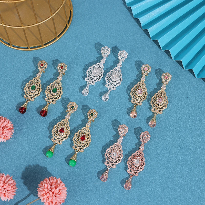 Light Luxury Set Drop Gemstone Cutout Design Earrings Moroccan Girls Gold-Plated Earrings Pendant Bride Wedding jewelry
