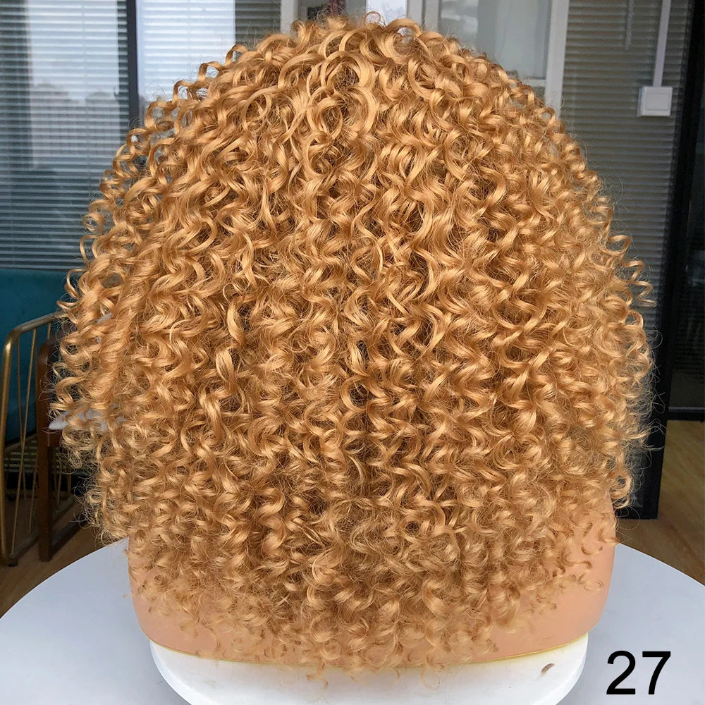 Short Bob Wig Lace Front Wigs for Women Afro Kinky Curly Wigs Ombre Brown Synthetic Middle Nature Hair Black Headgear with Clips