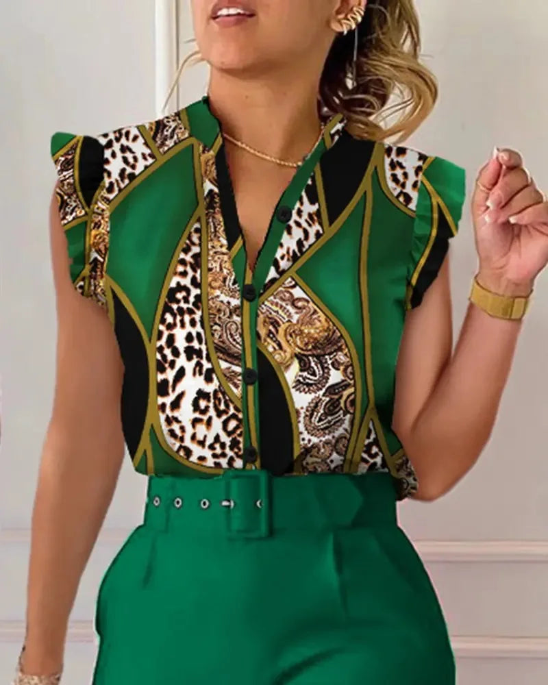 Womens Elegant Slim Two-Piece Sets Summer Fashion Print V Neck Button Flying Sleeve Shirt Top & Solid Long Pants Suits With Belt