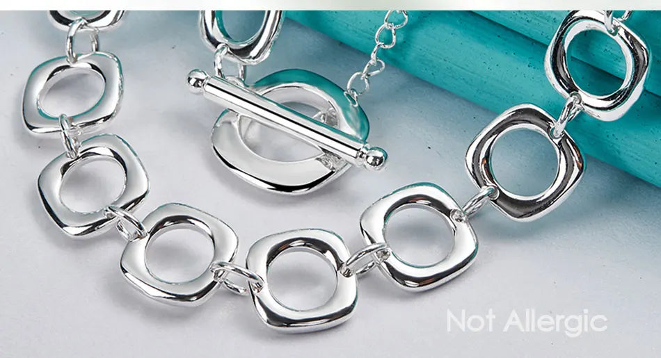 DOTEFFIL 925 Sterling Silver Square Round Chain Necklace For Women Man Charm Wedding Engagement Party Fashion Jewelry