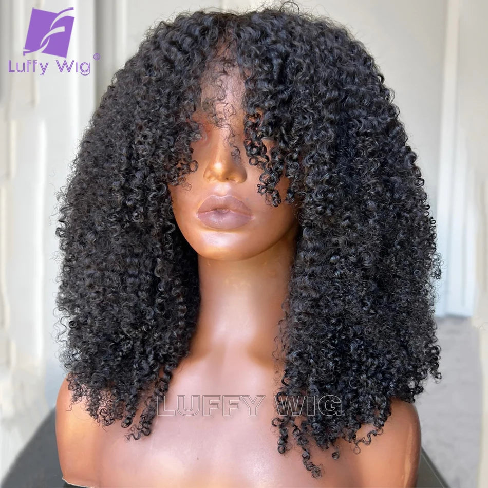 Afro Kinky Curly Wig with Bangs Human Hair Full Machine Made Scalp Top Wig Remy Brazilian Glueless Afro Curly Wig 200 Density