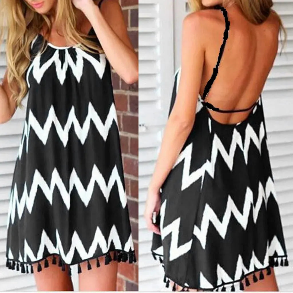 Women Summer Sexy Wave Pattern Tassel Strap Sleeveless Holiday Dress
