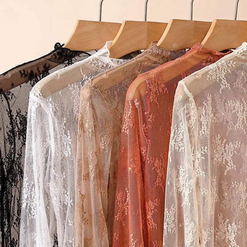 Sexy Mesh Lace See Through T-shirt For Women Korean Tops Long Sleeve Floral Print O Neck Tee Tops Bottoming Blouses Streetwear