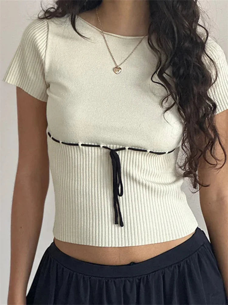 CHRONSTYLE Women Summer Crop Tees Shirts Tops Short Sleeve Round Neck Patchwork Ribbed Slim Fit T-shirts Party Streetwear 2024