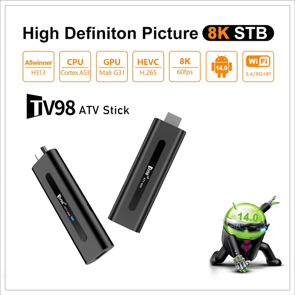 Android 14.0 TV Stick TV98 ATV Smart TV Box 8K Video BT5.0 2.4G 5G WiFi Media Player Allwinner H313 2GB 16GB Voice Remote TV Box