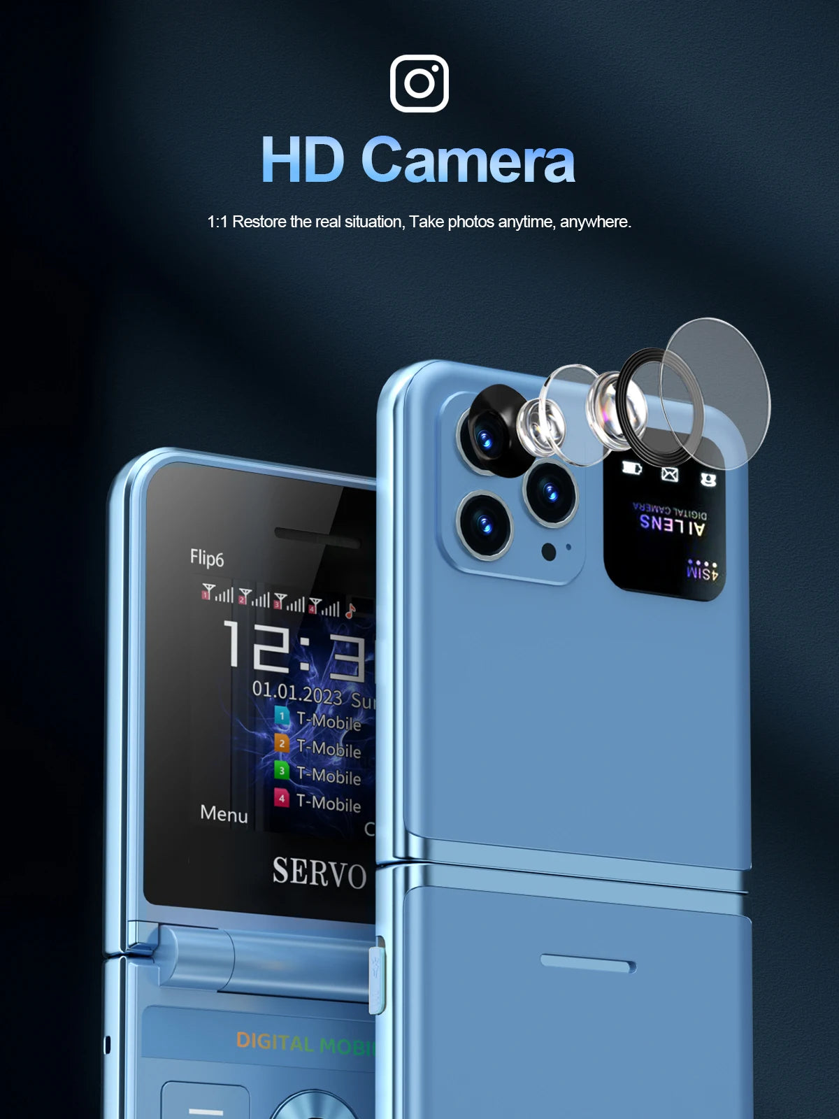 SERVO Flip6 GSM Fold Mobile Phone 4 SIM Card 2.4'' Screen Auto Call Record Button Torch Speed Dial Magic Voice Popular Cellphone