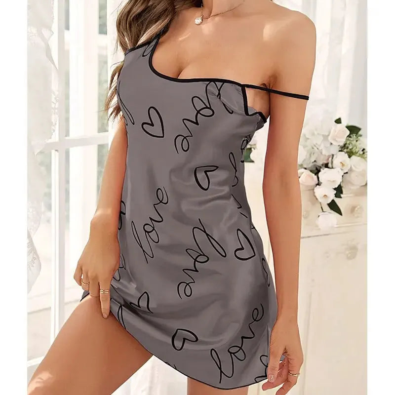 Women Summer Sexy Pajamas Sling Nightdress Open Back Criss Cross Sleep Dress Elegant Romantic Heart Print Sleeveless Sleepwear