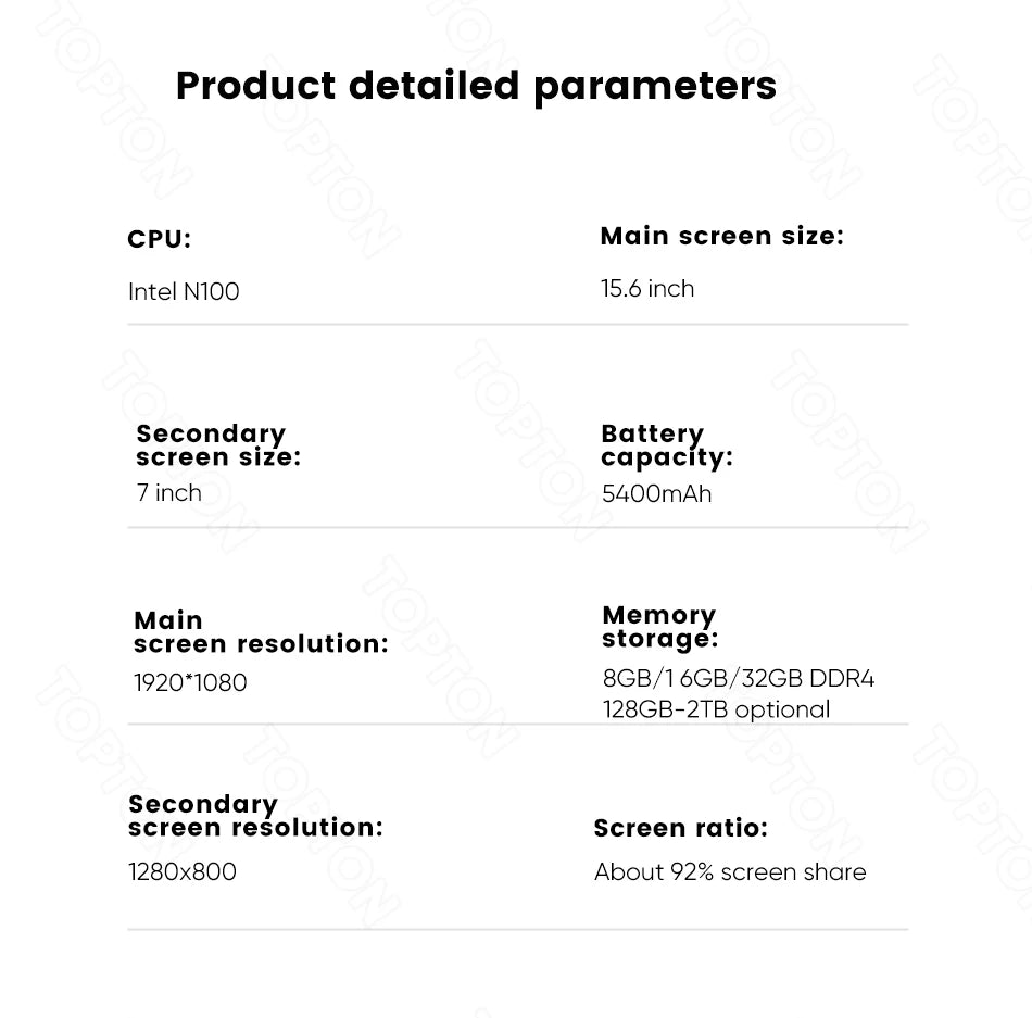 Topton L10 Dual Screen Laptop 15.6 Inch IPS + 7'' Touch 12th Gen Intel N100 Max 32G DDR4 2T SSD Slim Office Notebook PC Computer