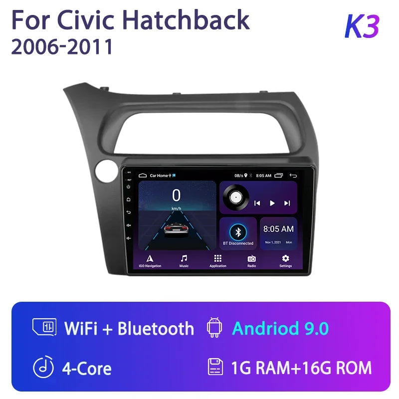 For Honda Civic Hatchback 2006-2011 Android 12 Car Radio Multimedia Video Navigation 2 Din Stereo DVD Head Unit Speaker Carplay