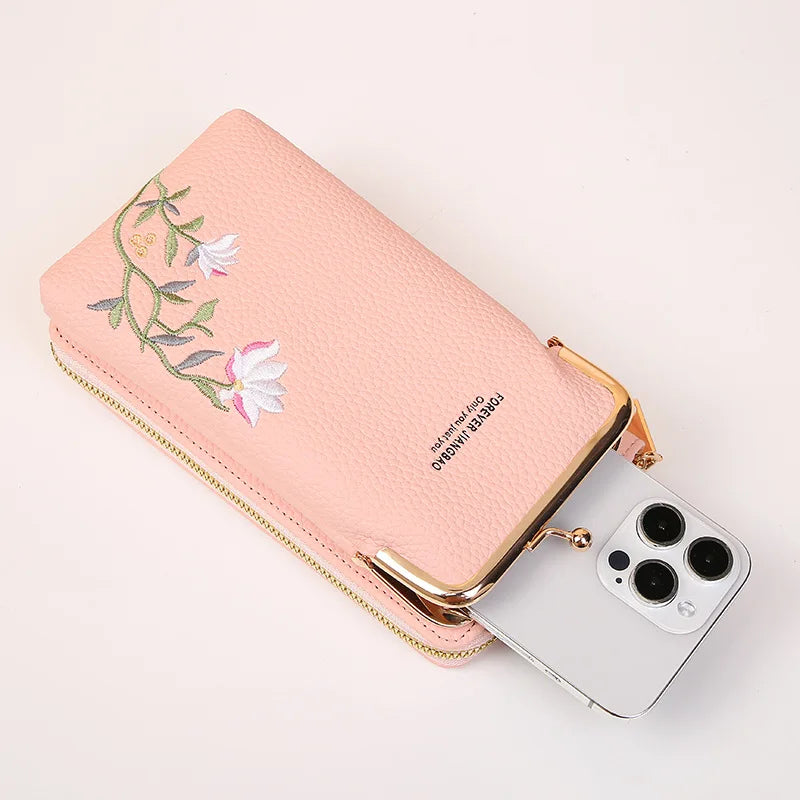 Women's Long Embroidered Mobile Phone bag Female Shoulder Straps Handbag Crossbody Bag Ladies Wallet Coin Purses Cards Holder