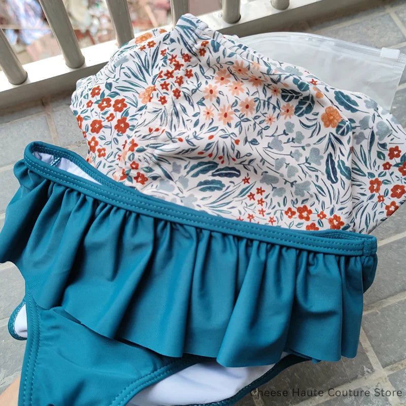 RC Baby Girls Swimwears 1-12y Kids Long Sleeve Sunscreen Floral Toddler Swimming Swimsuit Striped Bikini Suits 2022 Hot Clothes