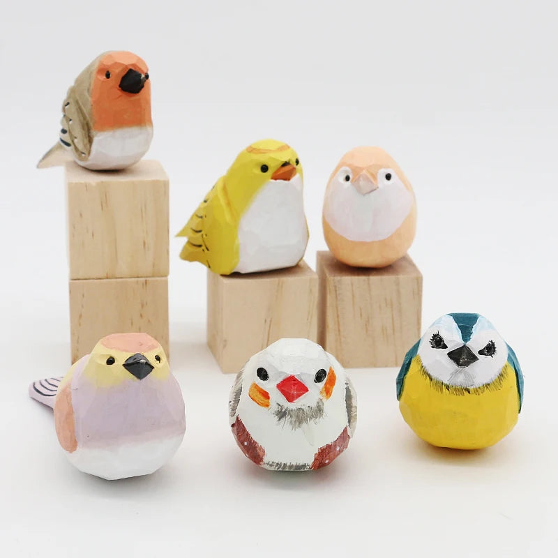 Cute Wooden Bird Figurine Ornaments Painted Hand Carved Wood Birds Statue Carving Animals Miniature Crafts Table Decorate Gifts