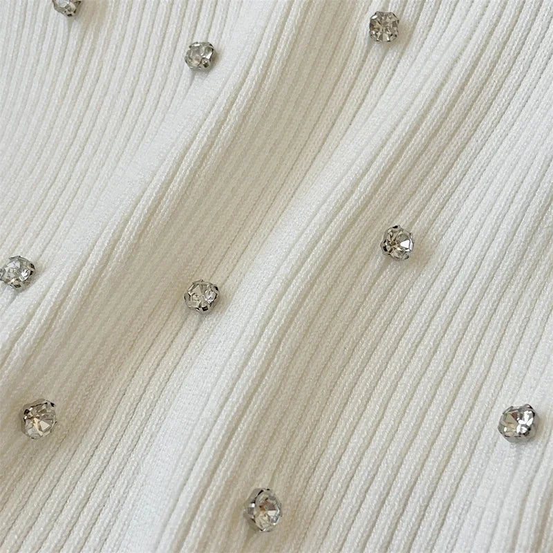 2024 New Rhinestone Knitted Tank Top White Crew Neck Sleeveless Tank Top For Summer  Women's Clothing Crop Top Camis
