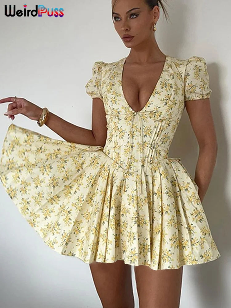 Weird Puss Floral Romantic Dress Women Summer Idyllic Lantern Shorts Sleeve Deep v-Neck Summer Trend Slim Party Birthday Bodycon