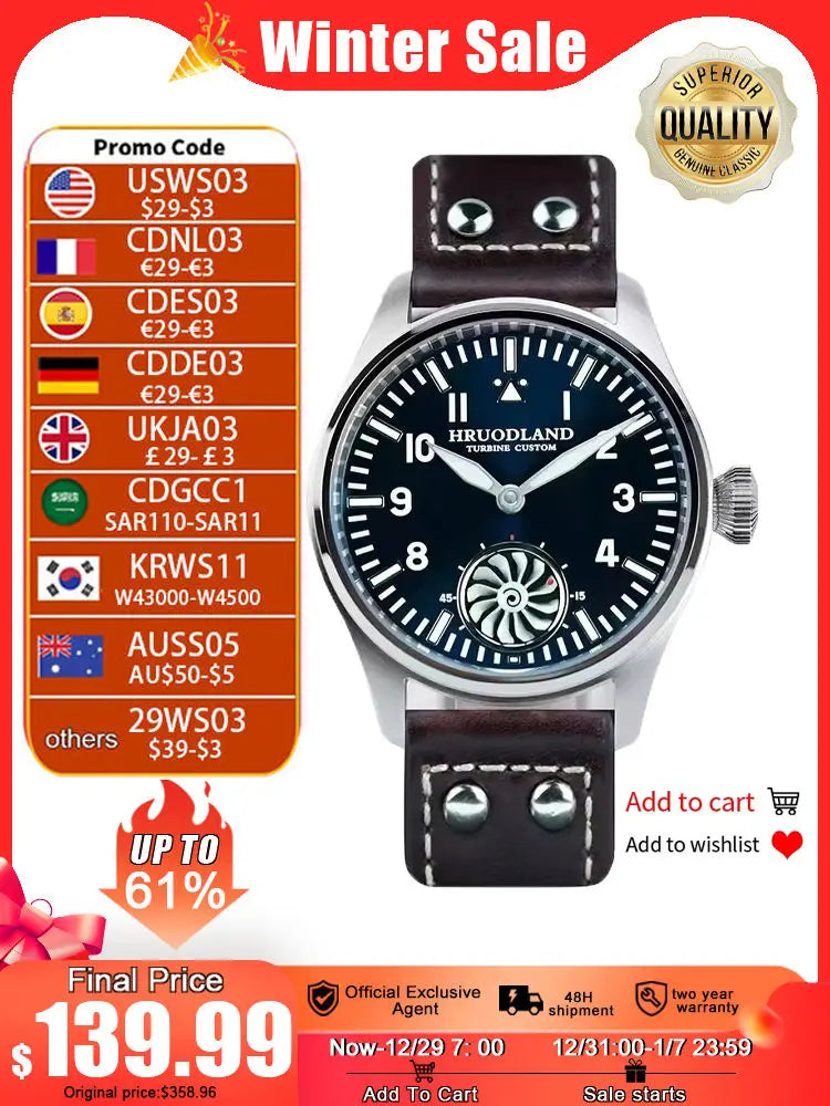 Hruodland F016 Pilot Watch Seagull Movement Mechanical BGW-9 Luminous Sapphire Crystal F016 Turbine 43mm Men Retro Pilot Watch