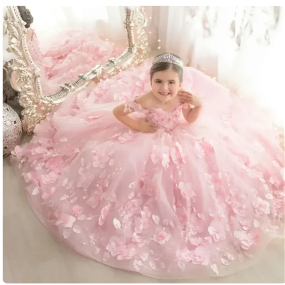 Pink luxury Flower Girl Dresses Tulle Flowers Fluffy trailing For Wedding Birthday Banquet Princess Communion Gowns