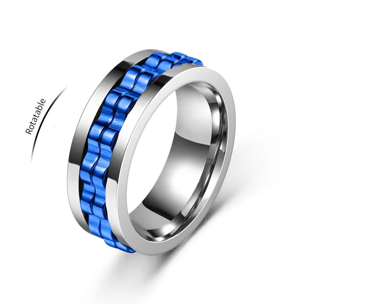 Anti Stress Stainless Steel Ring For Men Gear Chain Rotating Anxiety Relief Spinning Fidget Rings Punk Jewelry Bague Homme
